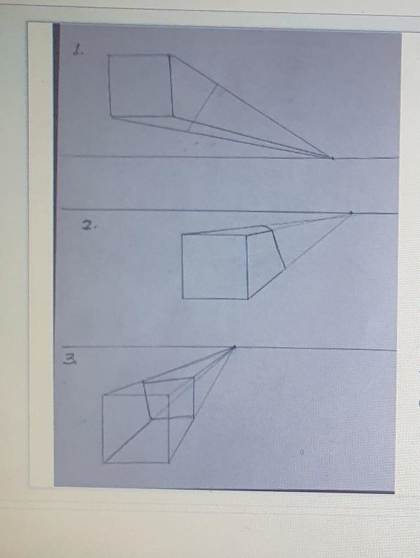 1 Point Perspective Describe what us incorrect in each drawing of a cube 1 2 3 ​-example-1