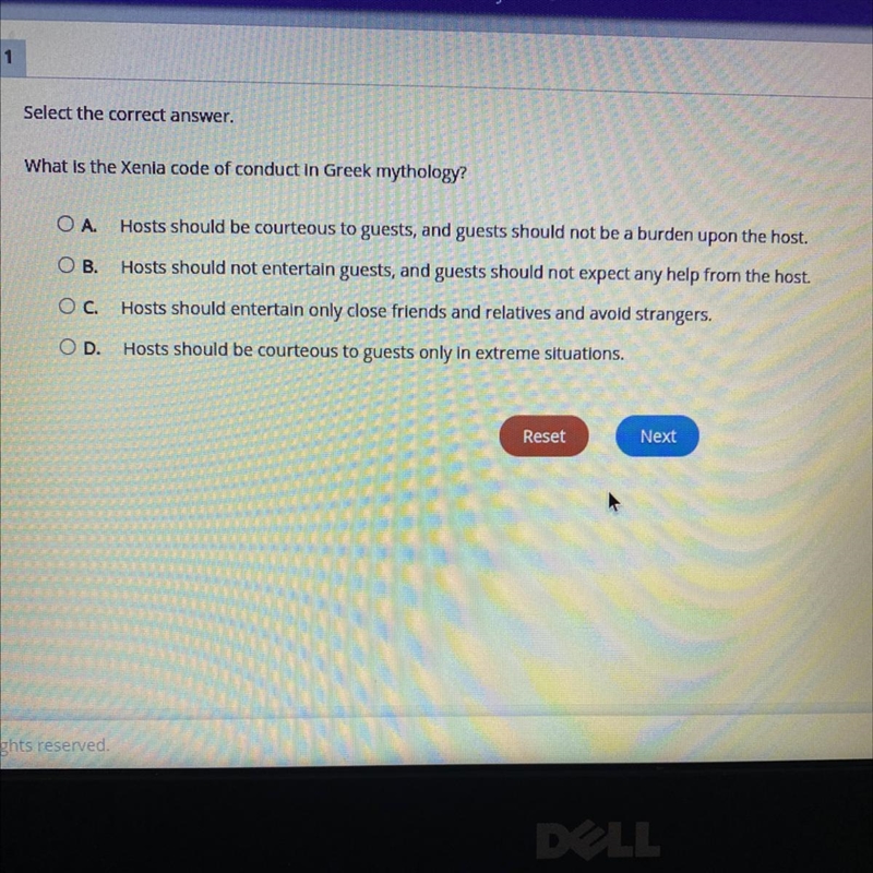 Select the correct answer. What is the Xenia code of conduct in Greek mythology? OA-example-1