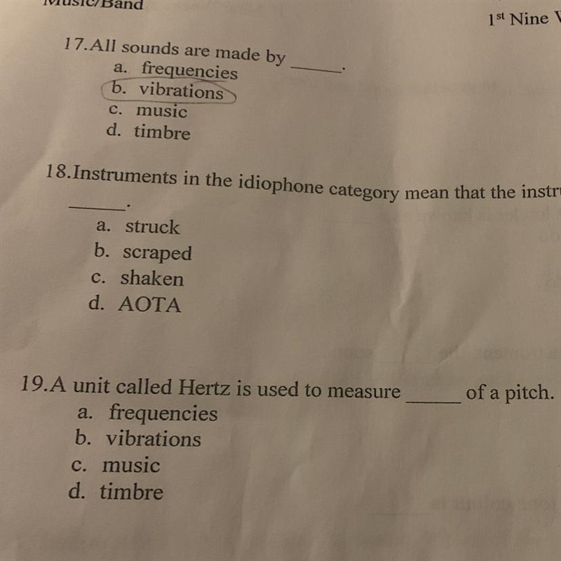 A unit called hertz is used to measure blank of a pitch a. Frequencies B. Vibrations-example-1