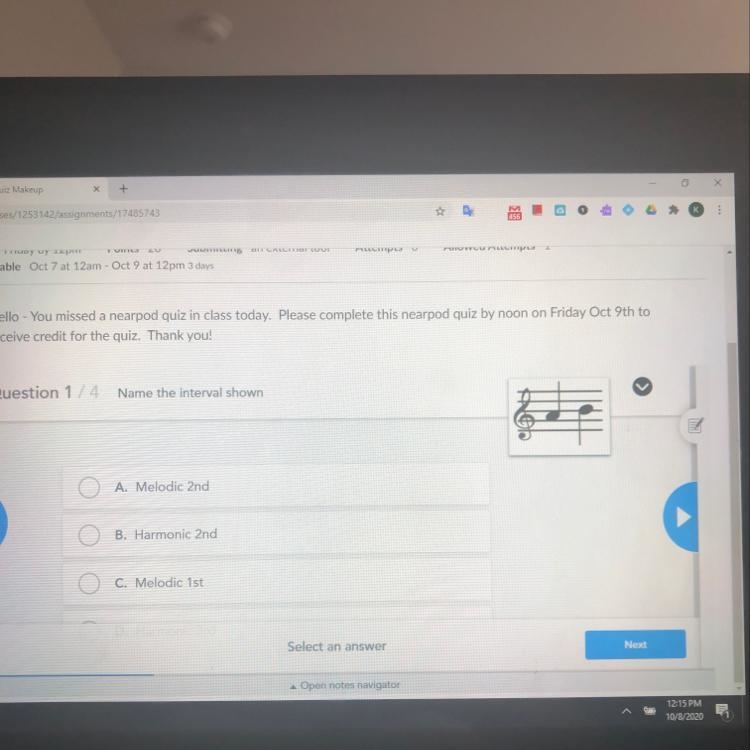 The answer options are A. Melodic 2nd B. Harmonic 2nd C. Melodic 1st D. Harmonic 3rd-example-1