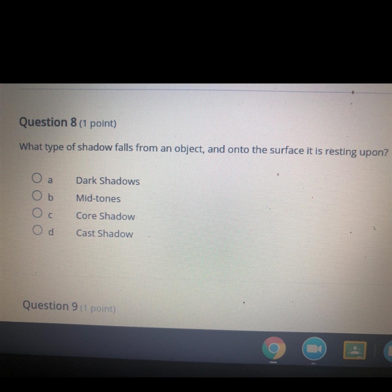 What type of shadow falls from an object, and onto the surface it is resting upon-example-1