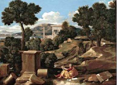 How does Poussin create an orderly progression through perspective in the image above-example-1