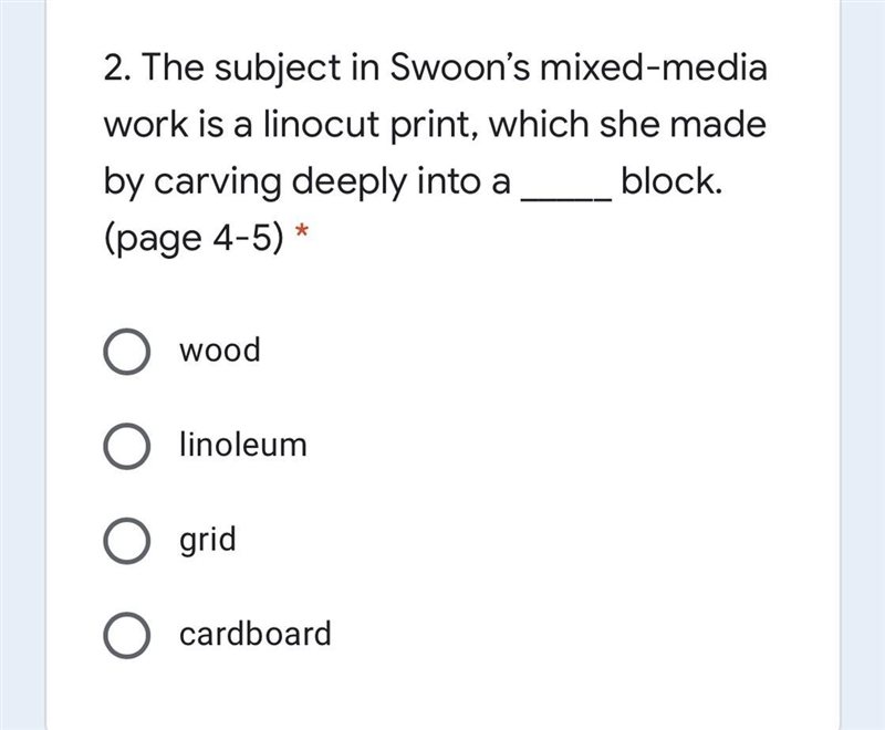 *wood *linoleum *grid *cardboard Which one would fit the blank correctly?^^^-example-1