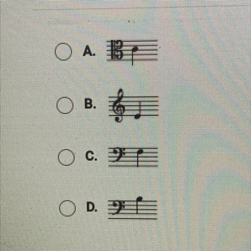 Which of the following notes is middle C? O A. BE O B. O c. OD.-example-1