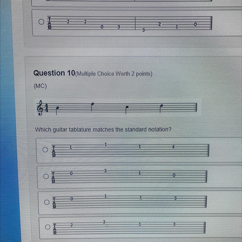 Which guitar tablature matches the standard notation?-example-1