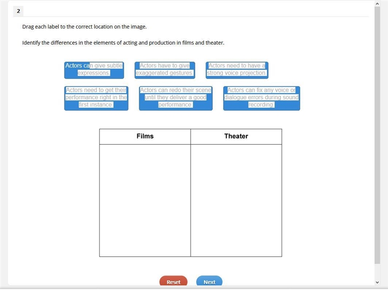Dentify the differences in the elements of acting and production in films and theater-example-1