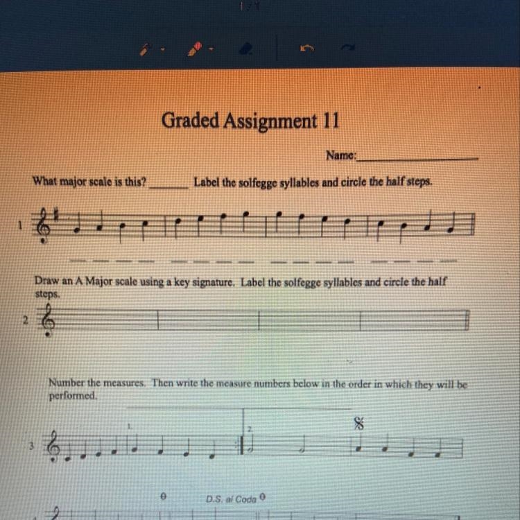 (#2) Draw an A Major scale using a key signature. Label the solfegge syllables and-example-1