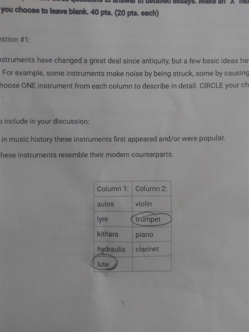 Essay Question #1 Musical Instruments have changed a great deal since antiquity,but-example-1