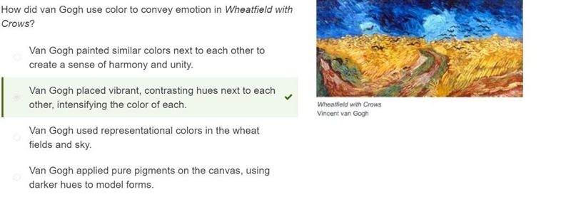 How did Van Gogh use color to convey emotion in wheatfield with crows C:Van Gogh used-example-1