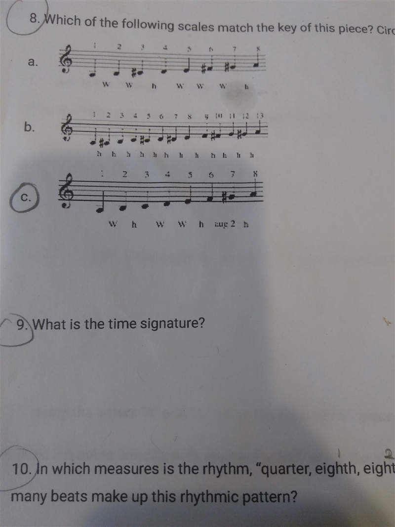 9.what is the time signature. 10.in which measures is rhythm,"quarter,eighth-example-1