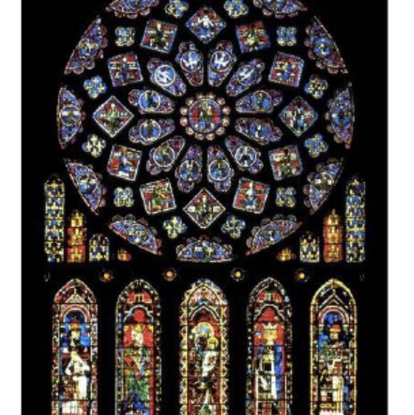 Answer in 3-4 complete sentences. (a large stained glass rose window above five panels-example-1