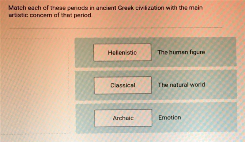 Match each of these periods in Ancient Greek civilization with the main artistic concern-example-1