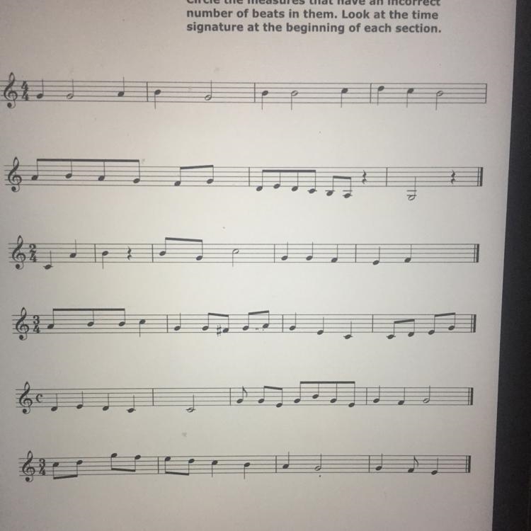 (Music theory- easy) Circle the measures that have an incorrect number of beats in-example-1