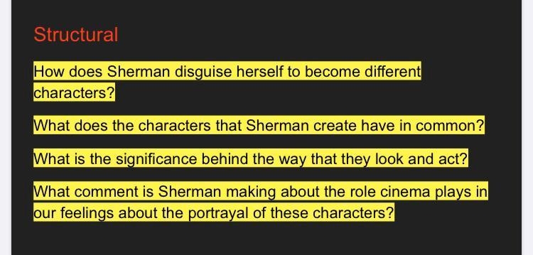 Please help answer these Cindy Sherman research questions! 20 POINTS!!-example-1