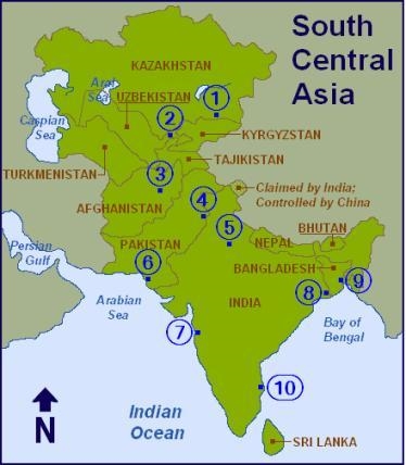 On the map above, which city is labeled number 7? A. Delhi B. Mumbai C. Dhaka D. Kabul-example-1