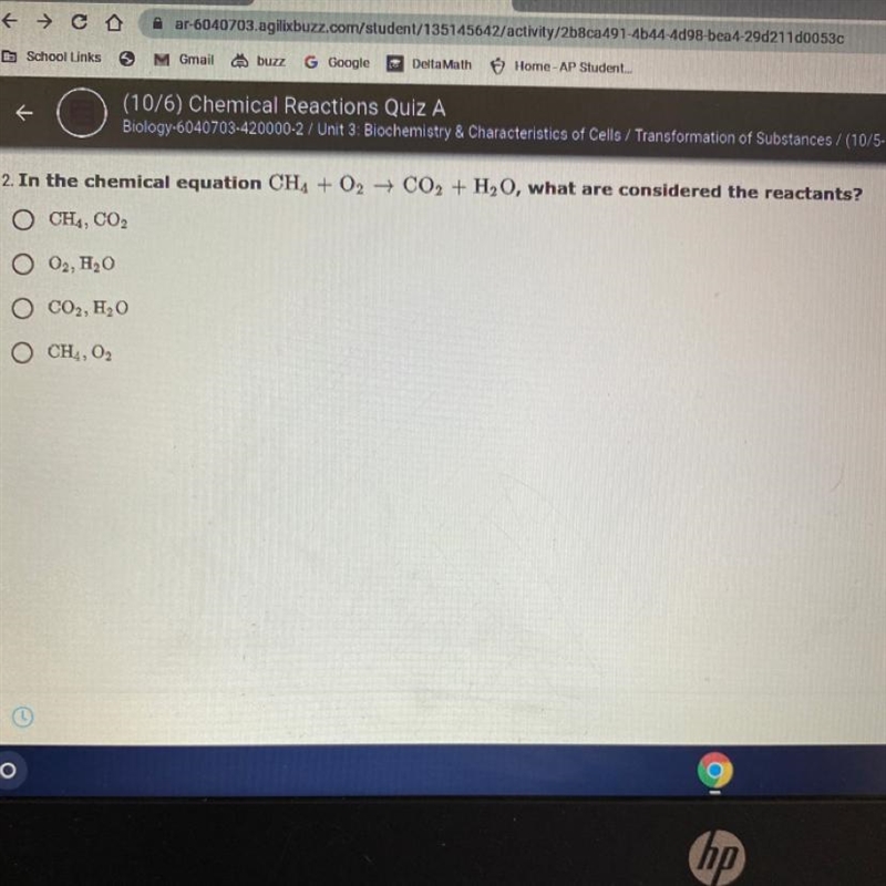 In the chemical equation CH4 + 02 → CO2 + H2O, what are considered the reactants? CH-example-1