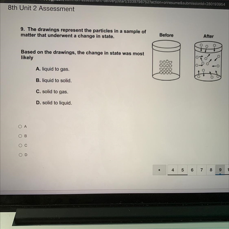 9. The drawings represent the particles in a sample of matter that underwent a change-example-1