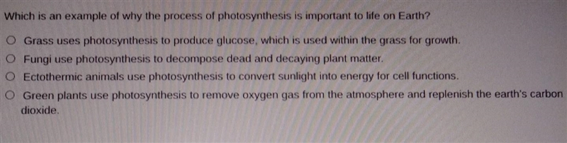 What is an example of why the process of photosynthesis is important to life on Earth-example-1