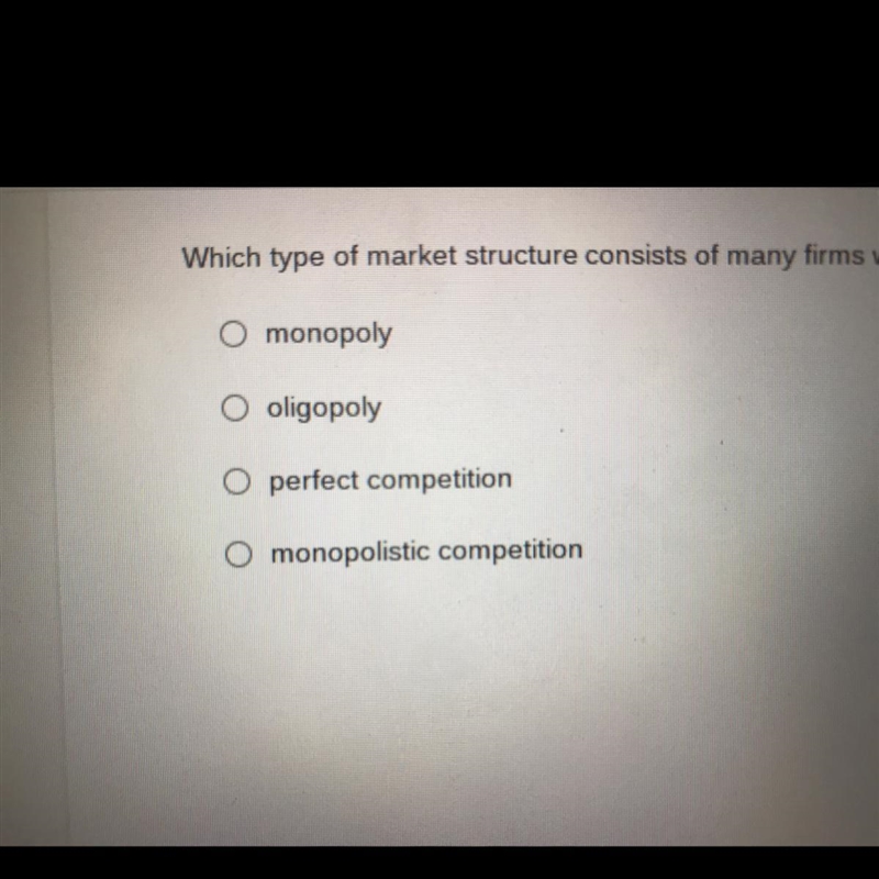 Can anyone help me with the questions above? it says : which type of market structure-example-1