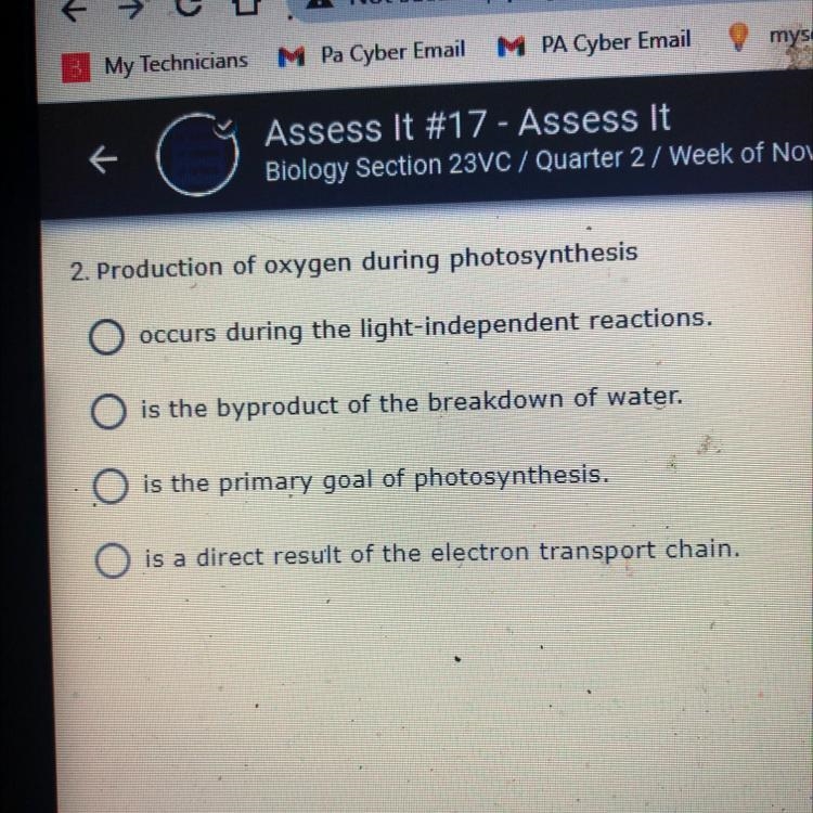 Production of oxygen during photosynthesis (needs to be correct)-example-1