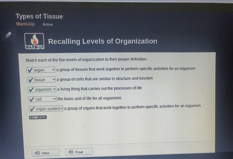 Match each of the five levels of organization to their proper definition. a group-example-1