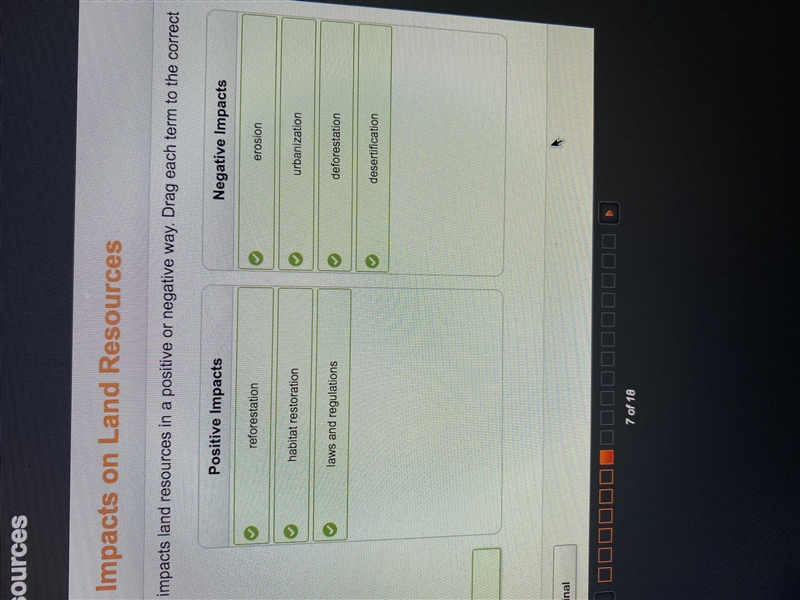 Determine whether each activity impacts land resources in a positive or negative way-example-1