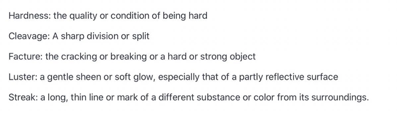 Define Hardness: Cleavage: Fracture: Luster: Streak:-example-1