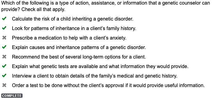 Which of the following is a type of action, assistance, or information that a genetic-example-1