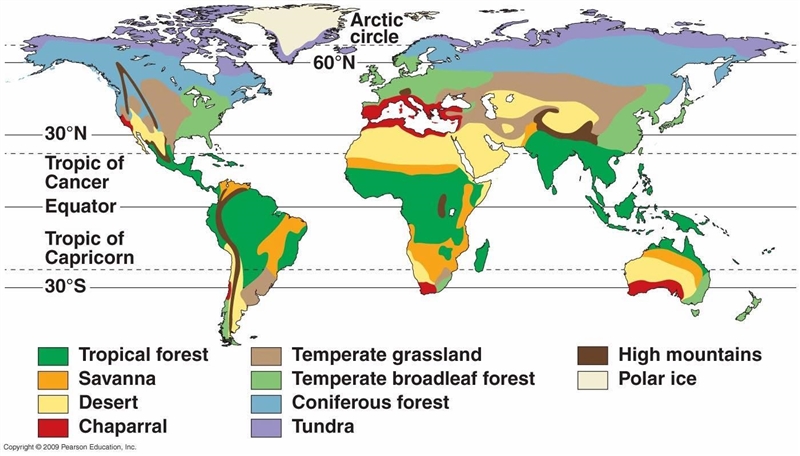 Which of the following best describes how does latitude affect biomes? Latitudes affect-example-1