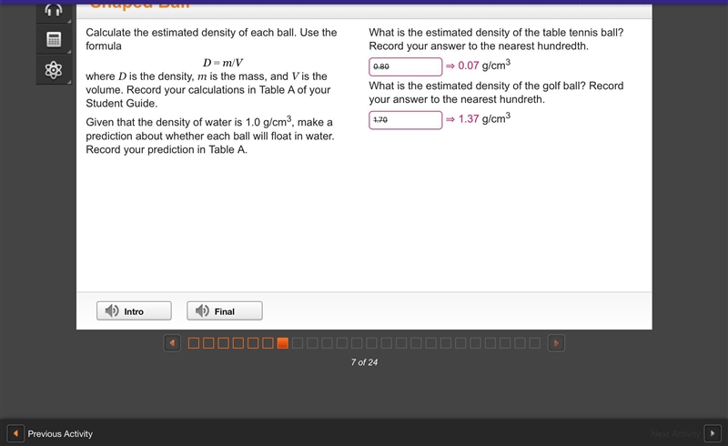 What is the estimated density of the golf ball? record your answer to the nearest-example-1