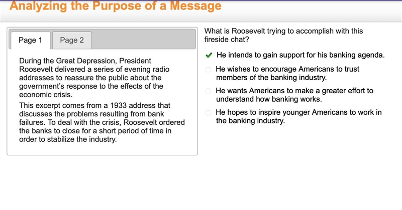 What is Roosevelt trying to accomplish with this fireside chat? He intends to gain-example-1