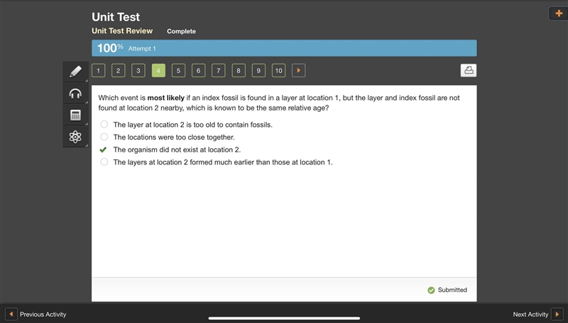 Which event is most likely if an index fossil is found in a layer at location 1, but-example-1