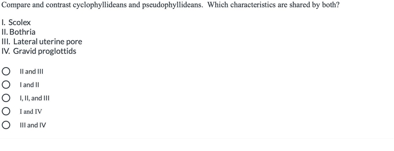 Compare and contrast cyclophyllideans and pseudophyllideans. Which characteristics-example-1