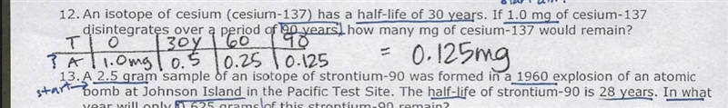 An element has a half-life of 30 years. If 1.0 mg of this element decays over a period-example-1