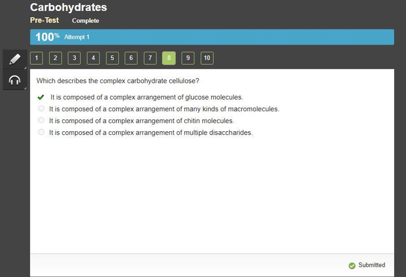 Which describes the complex carbohydrate cellulose? It is composed of a complex arrangement-example-1