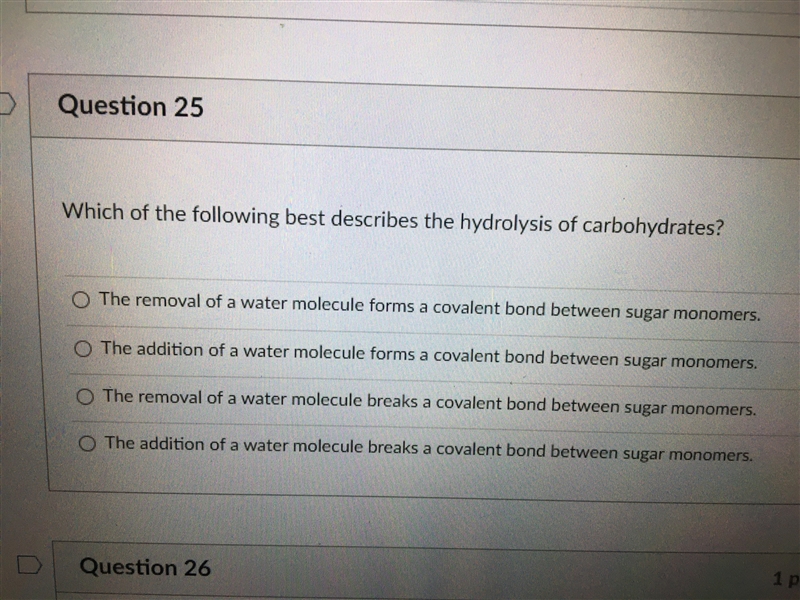 Which of the following best describes the hydrolysis of carbohydrates-example-1