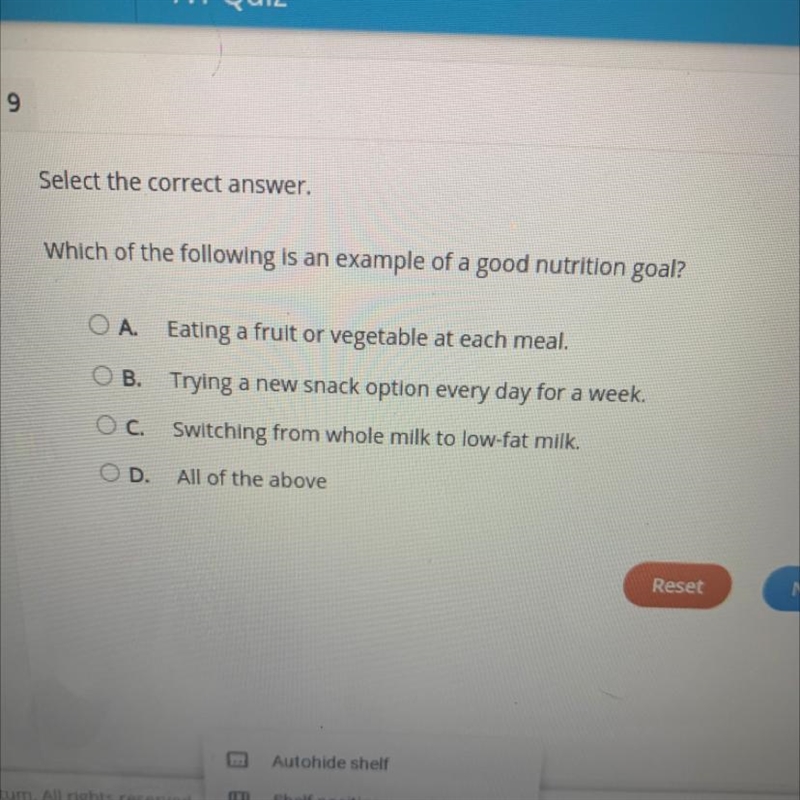 Which of the following is an example of a good nutrition goal?-example-1