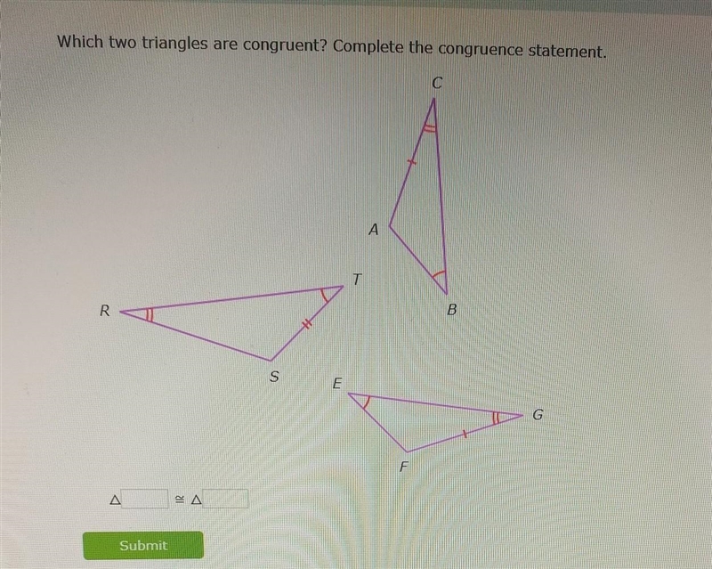 Which two triangles are congruent? Complete the congruence statement​-example-1