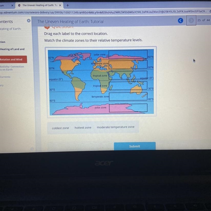 Match the climate zones to their relative tempature levels-example-1