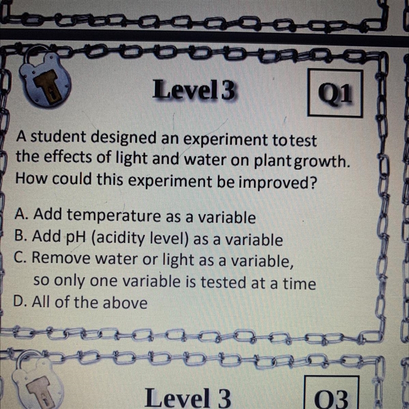 A student designed an experiment totest the effects of light and water on plant growth-example-1