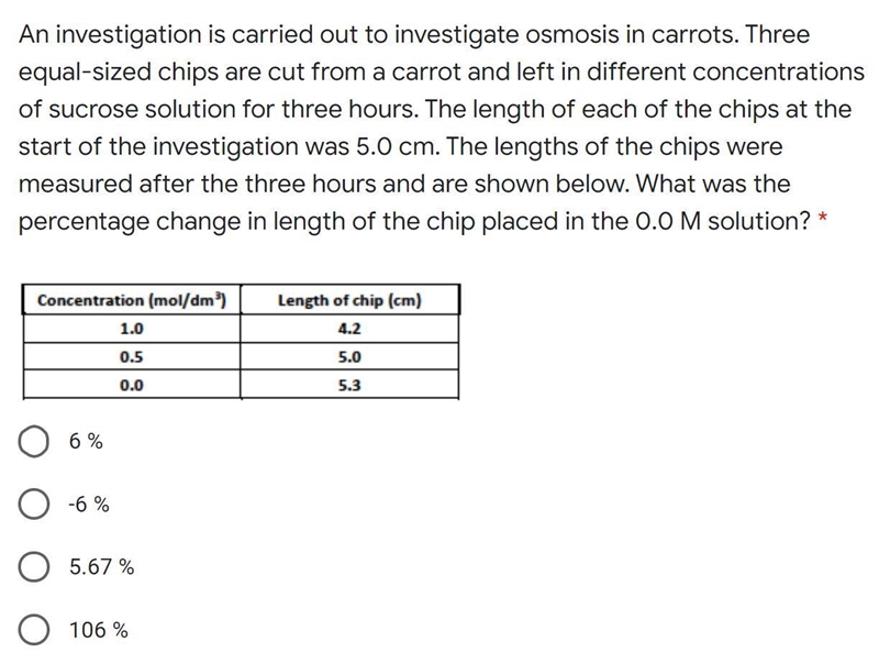 What was the percentage change in length of the chip placed in the 0.0 M solution-example-1