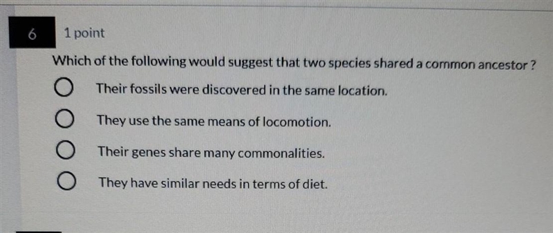 6. Which of the following would suggest that two species shared a common ancestor-example-1