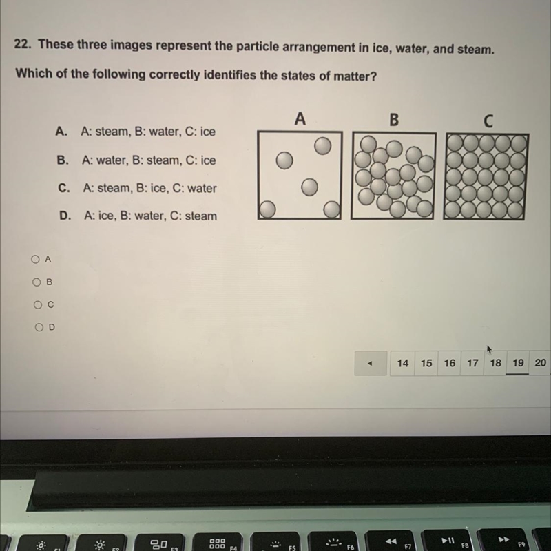 22. These three images represent the particle arrangement in ice, water, and steam-example-1