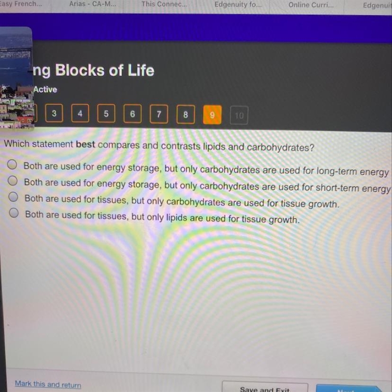 Which statement best compares and contrasts lipids and carbohydrates? HURRY PLEASEE-example-1