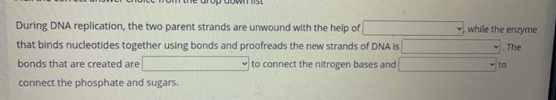 Choices - DNA polymerase - Helicase - hydrogen bonds - ionic bonds - RNA polymerase-example-1