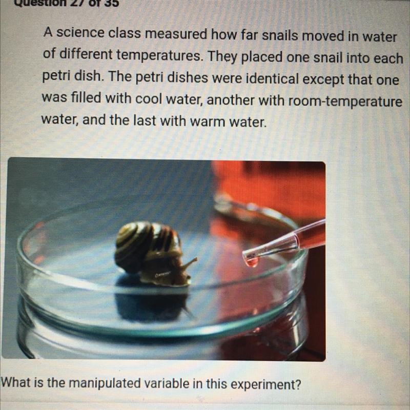 What is the manipulated variable in this experiment? O A. The distance the snails-example-1