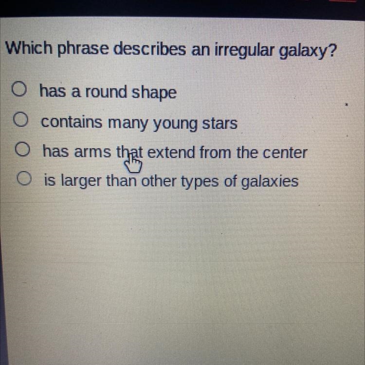 Which phase describes an irregular galaxy-example-1