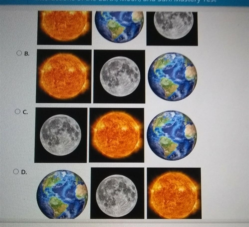 Select the correct answer. Which alignment of the Sun, Moon, and Earth causes a lunar-example-1