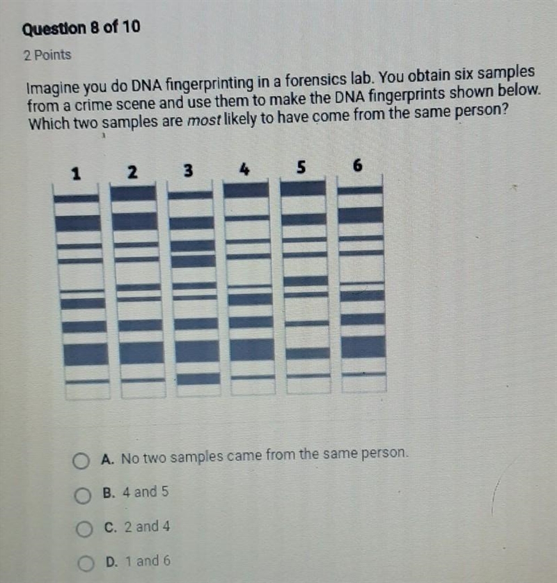 Imagine you do DNA fingerprinting in a forensics lab. You obtain six samples from-example-1