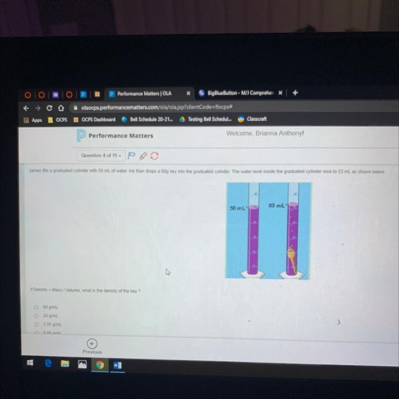 James fills a graduated cylinder with 50 mL of water. He then drops a 60g key into-example-1